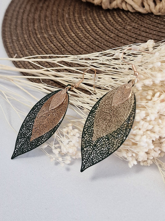 Notre Collection de Bijoux - Boucle d'Oreille Plume Vert