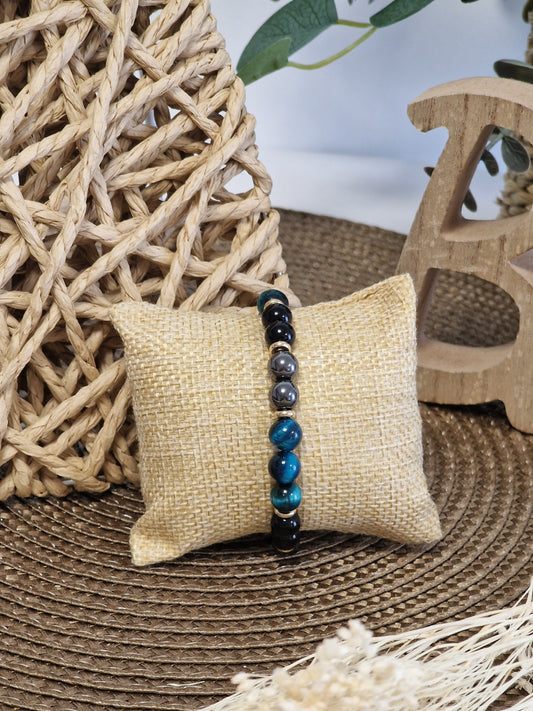 Notre Collection de Bijoux - Bracelet Masculin Perle Naturelle Œil de Tigre Bleu