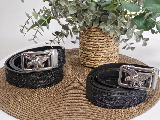 Ceinture Automatique Noir en Cuir Vachette Aigle Argenté