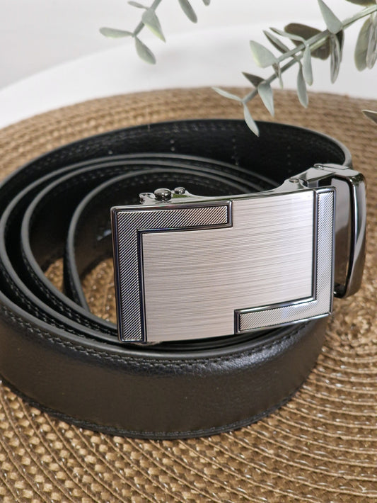 Ceinture Automatique en Cuir de Vachette Noir et Gris Argenté