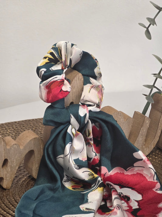 Le Chouchou Foulard Bleu Canard fleurie Rose