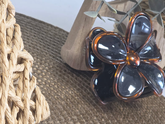 Pince à Cheveux Fleur Noir Nacré Léopard