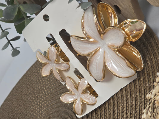 La Pince à Cheveux fleur métallisé Beige Nacré Doré - Lot de 3 Pinces