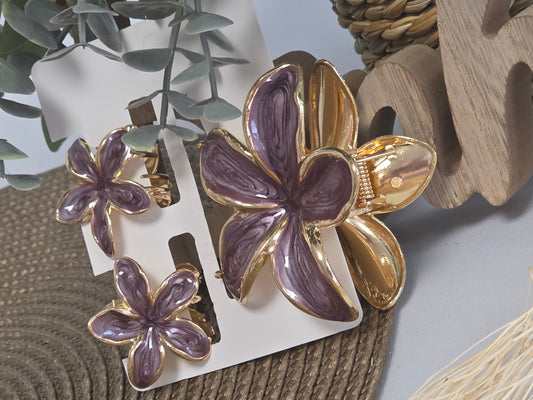 Pince à Cheveux Fleur métallisé Violine Nacré Doré - Lot de 3