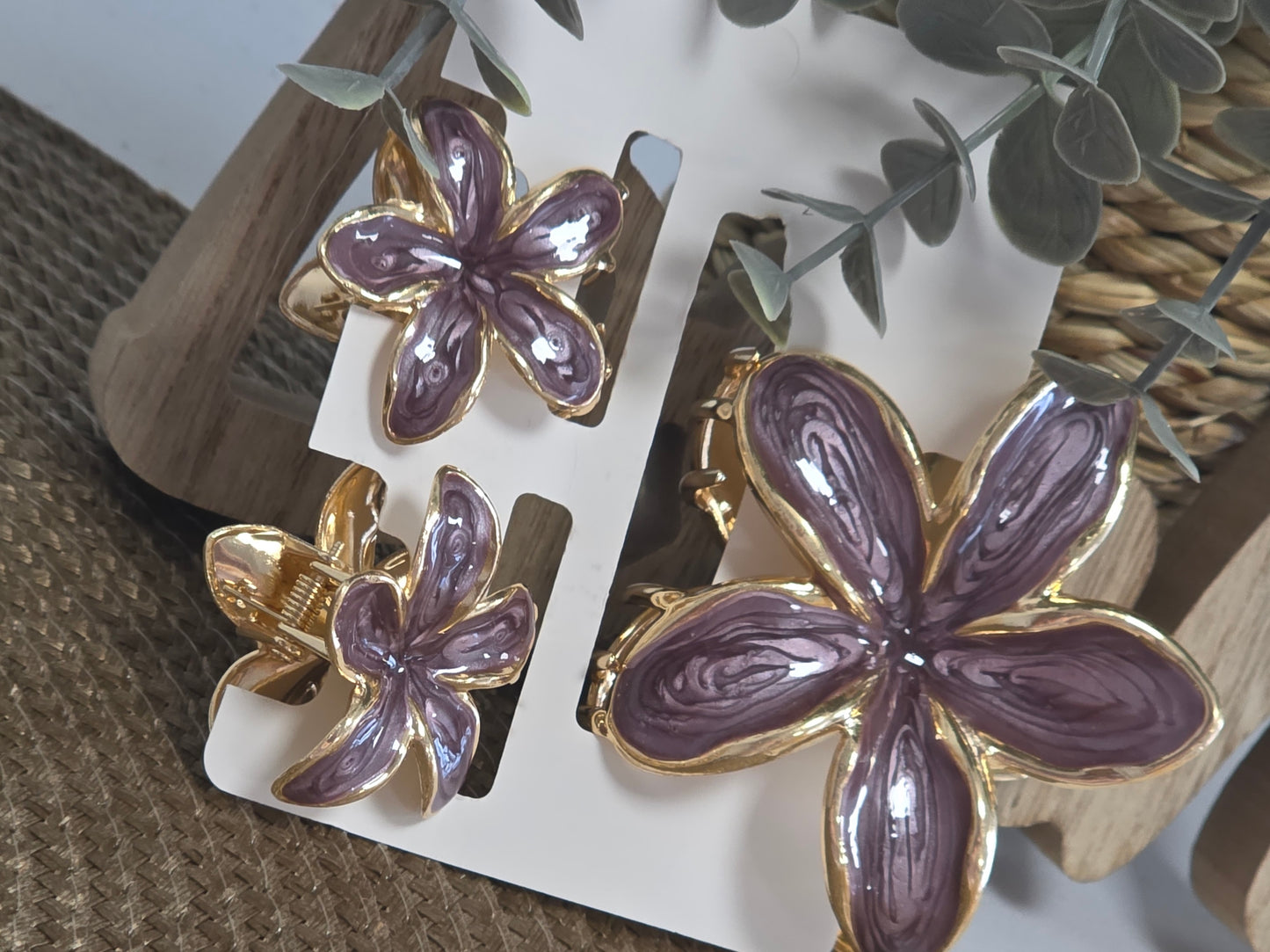 Pince à Cheveux Fleur métallisé Violine Nacré Doré - Lot de 3