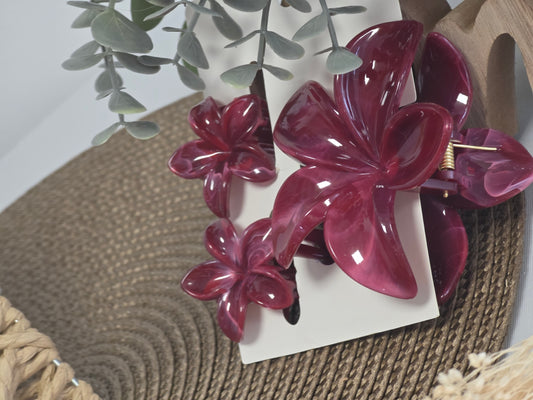 Pince à Cheveux Fleur Rose Violine - Lot de 3