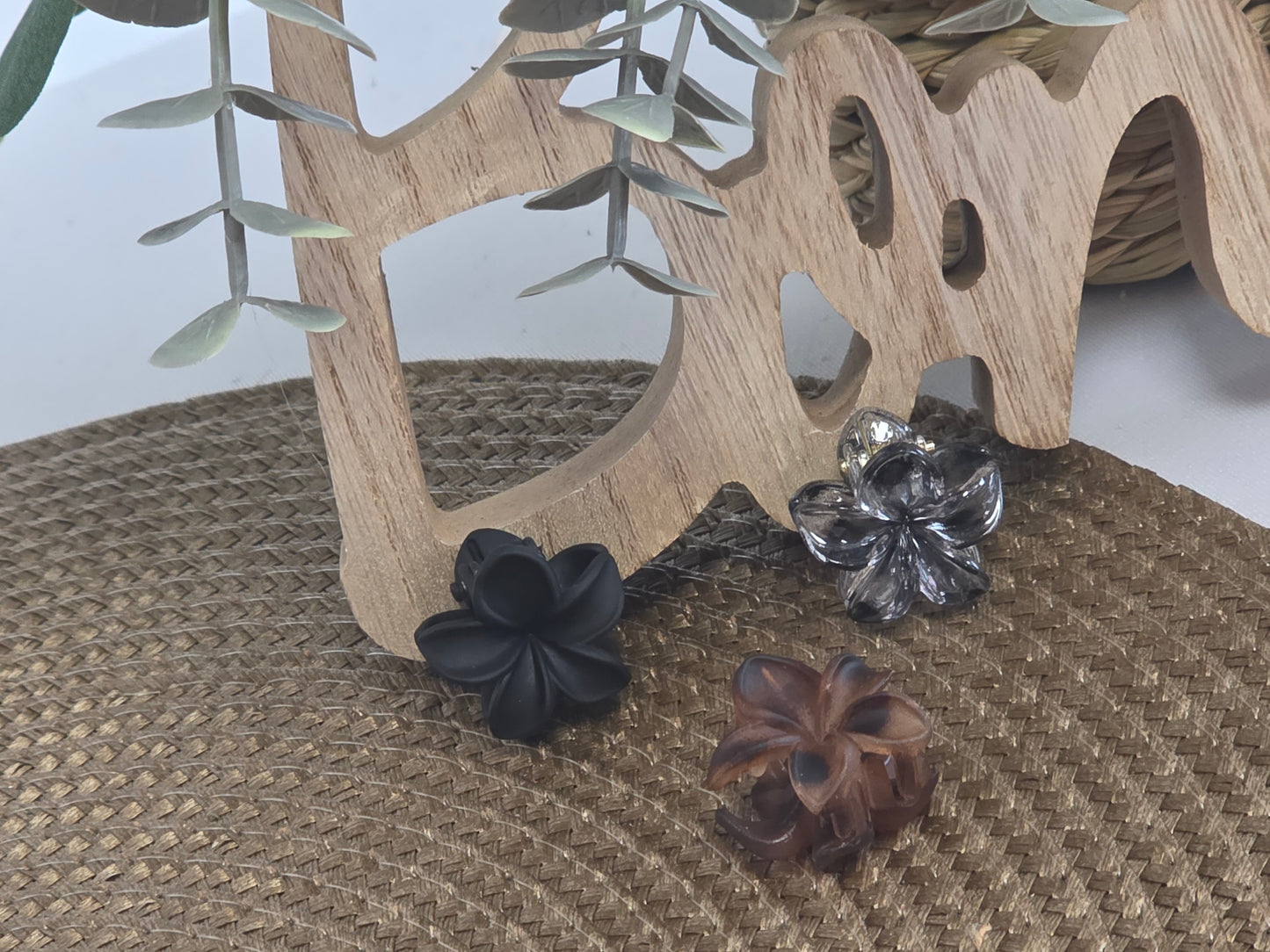 Petite Pince à Cheveux Fleur Camel Noir Transparent - Lot de 3