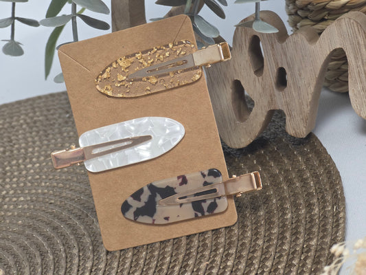 Flat Hair Clip Gold Tone Ivory Taupe - Set of 3