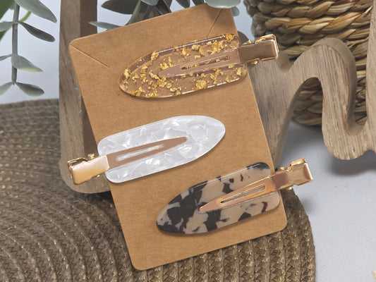 Flat Hair Clip Gold Tone Cream Black Maroon - Set of 3