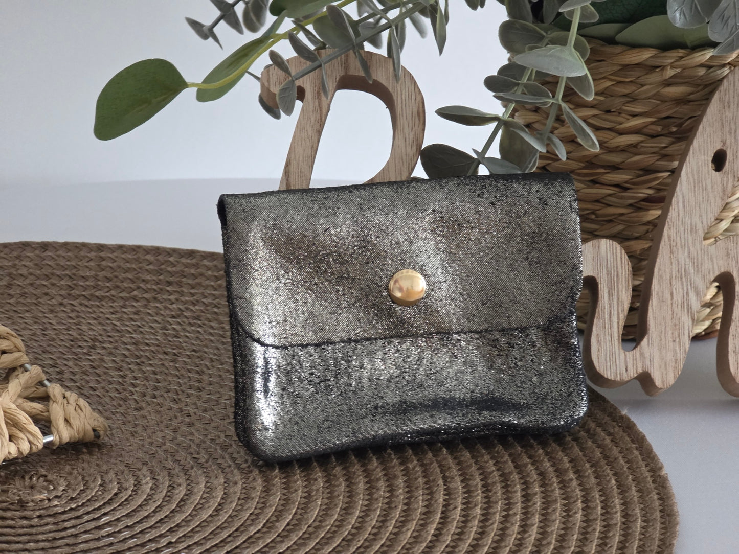 Petite Porte Monnaie Cuir Noir Irisé