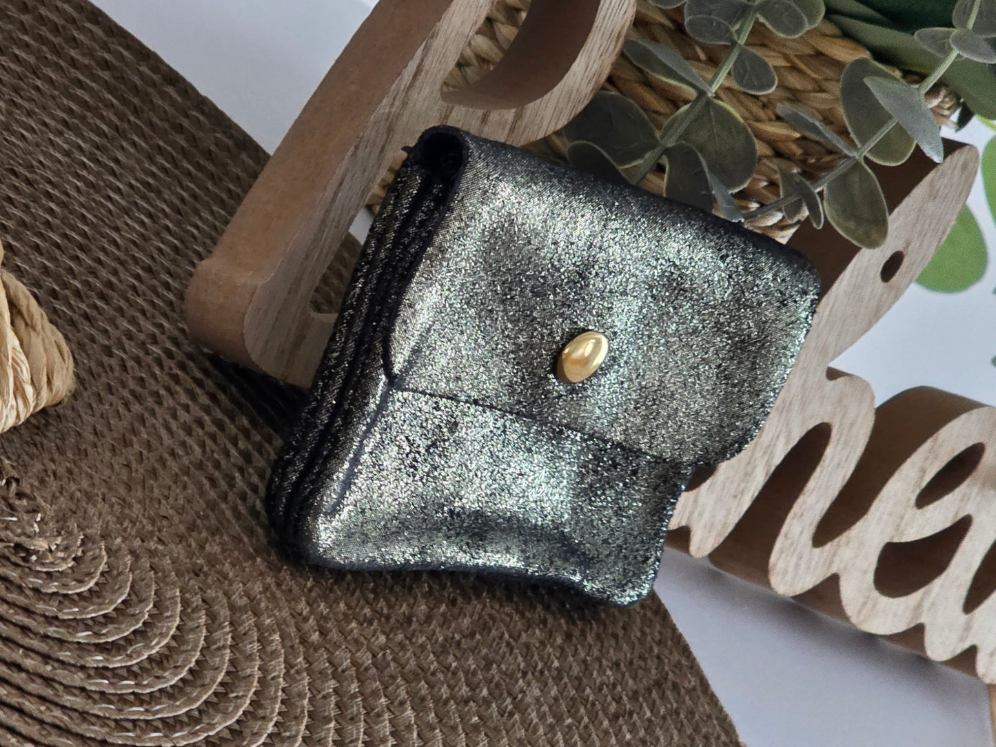 Petite Porte Monnaie Cuir Noir Irisé