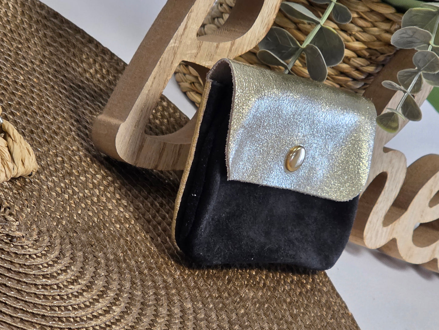 Petit Porte Monnaie Cuir Daim Noir