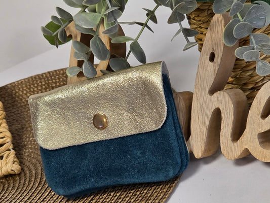 Petit Porte Monnaie Cuir Daim Bleu Canard
