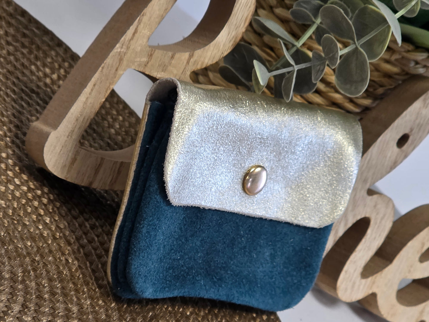 Petit Porte Monnaie Cuir Daim Bleu Canard