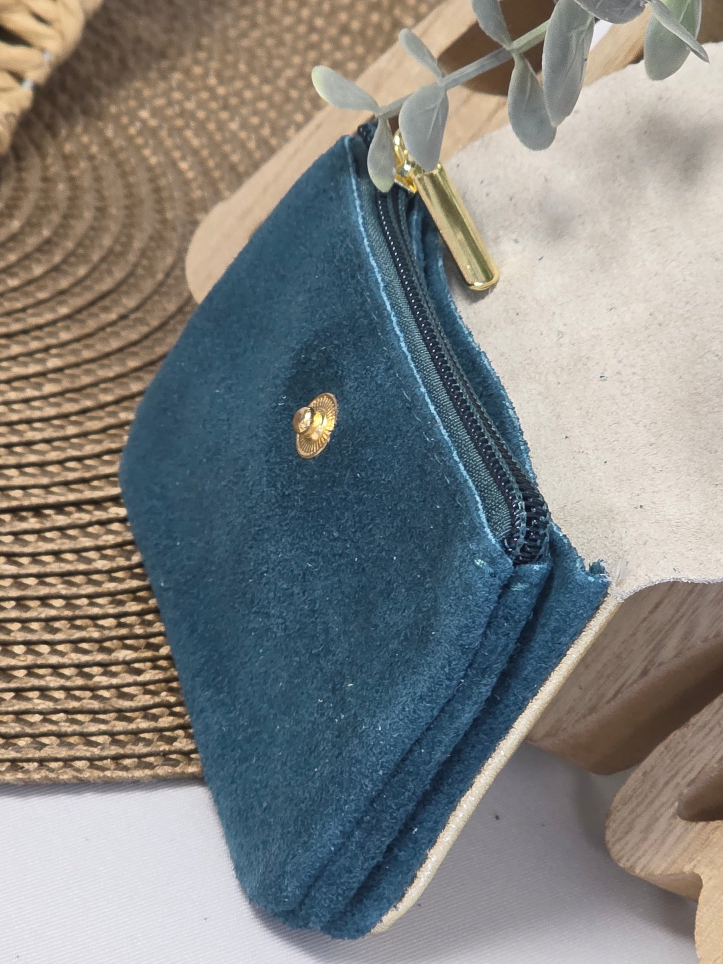 Petit Porte Monnaie Cuir Daim Bleu Canard