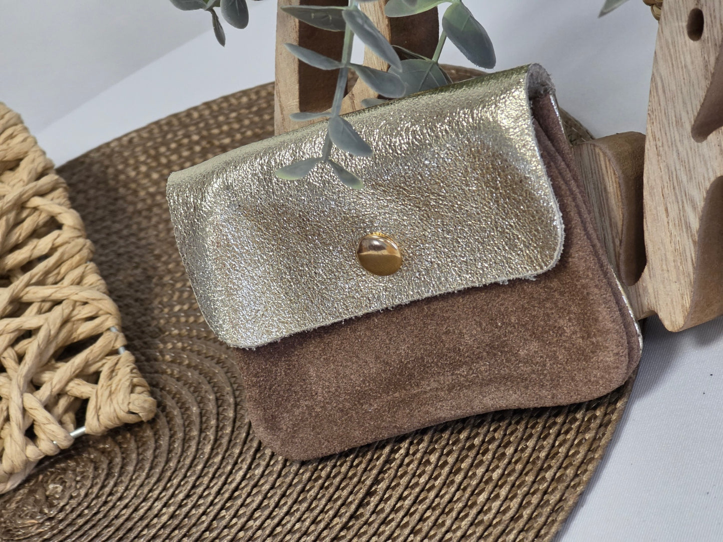 Petit Porte Monnaie Cuir Daim Taupe