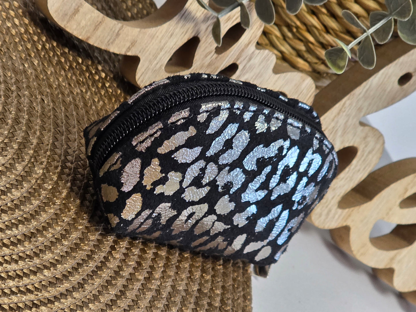 Petit Porte Monnaie Cuir Léopard Noir