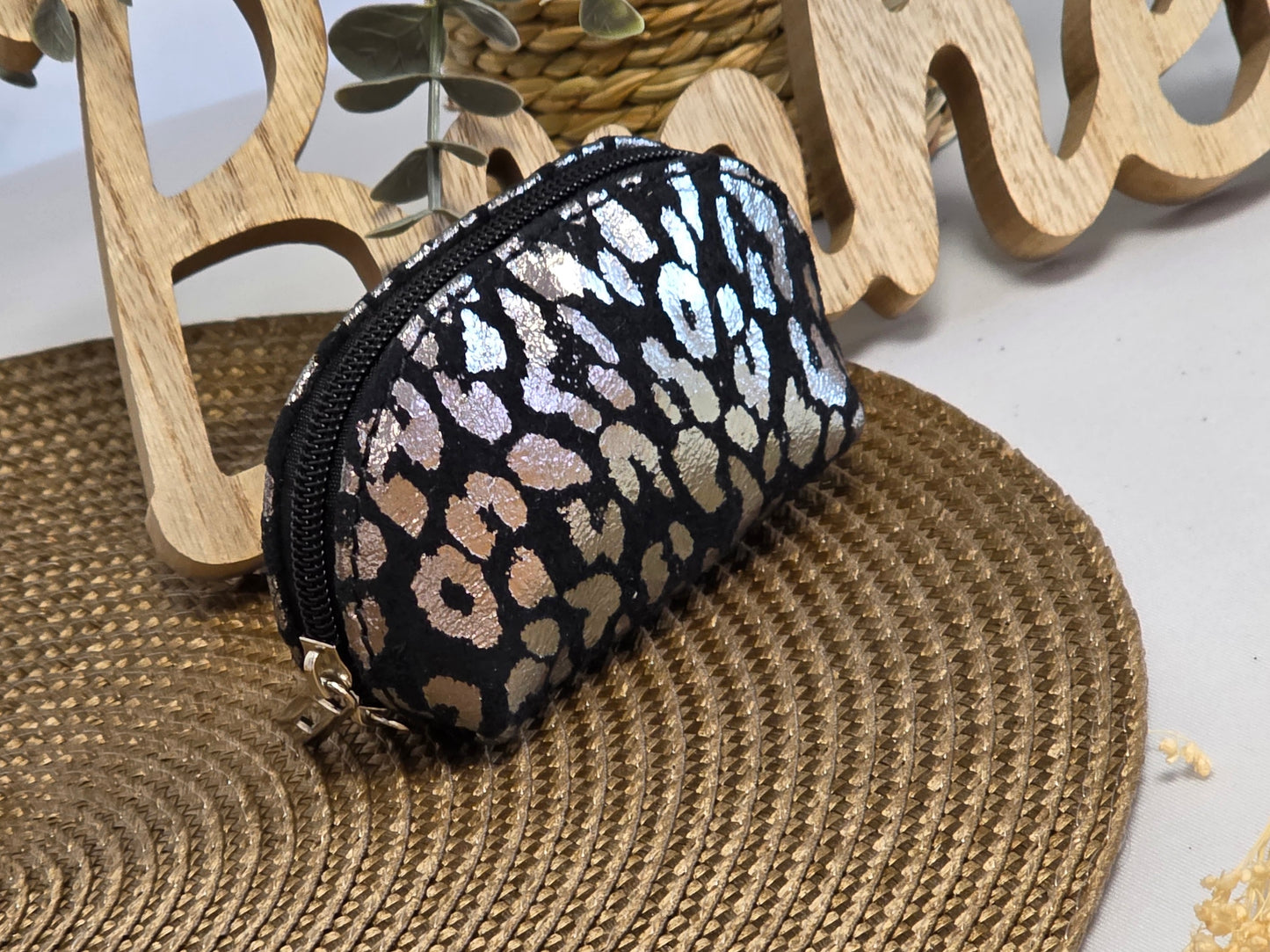 Petit Porte Monnaie Cuir Léopard Noir