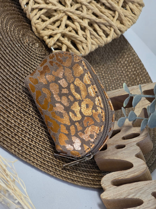 Petit Porte Monnaie Cuir Léopard Taupe