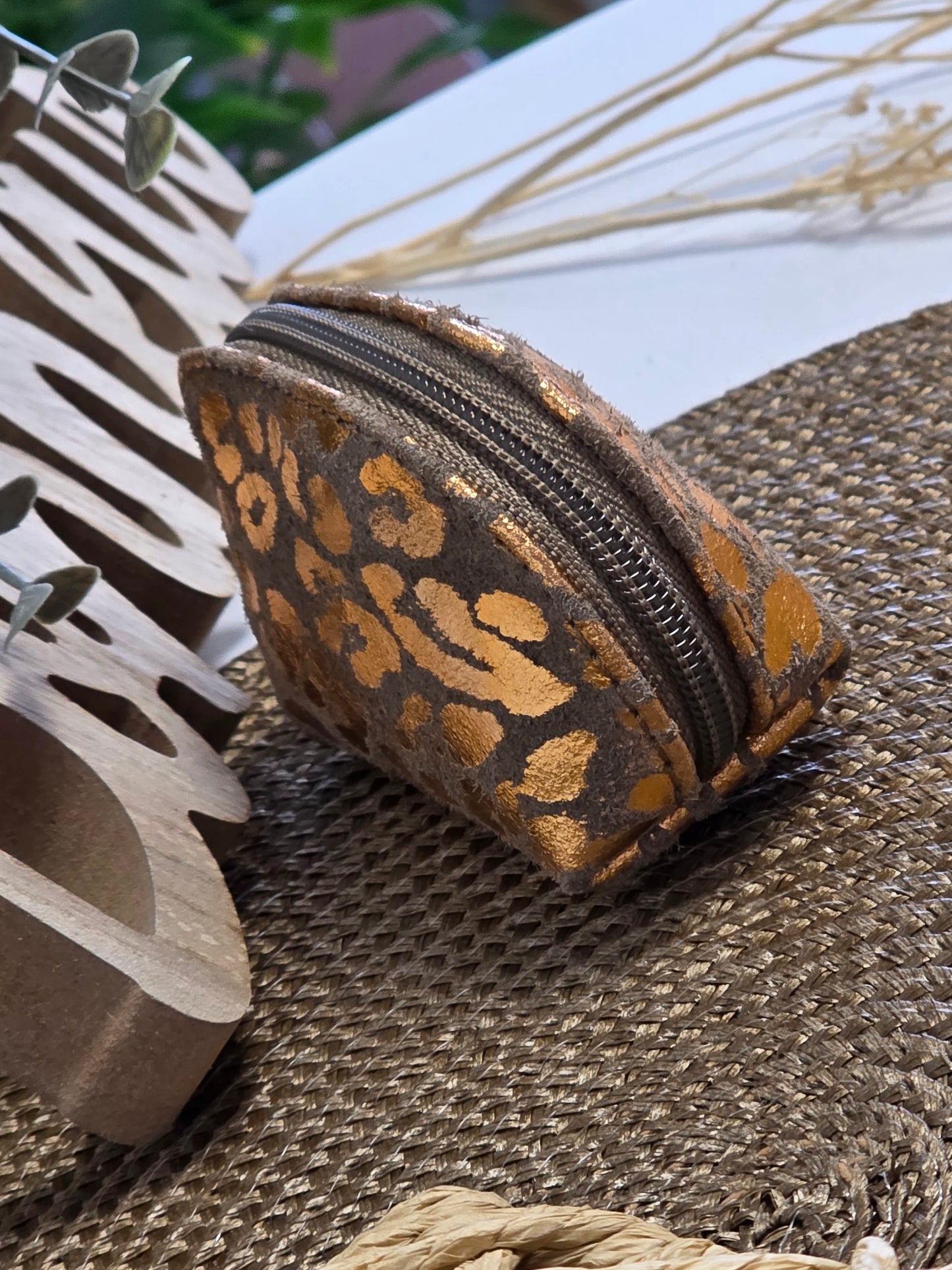 Petit Porte Monnaie Cuir Léopard Taupe