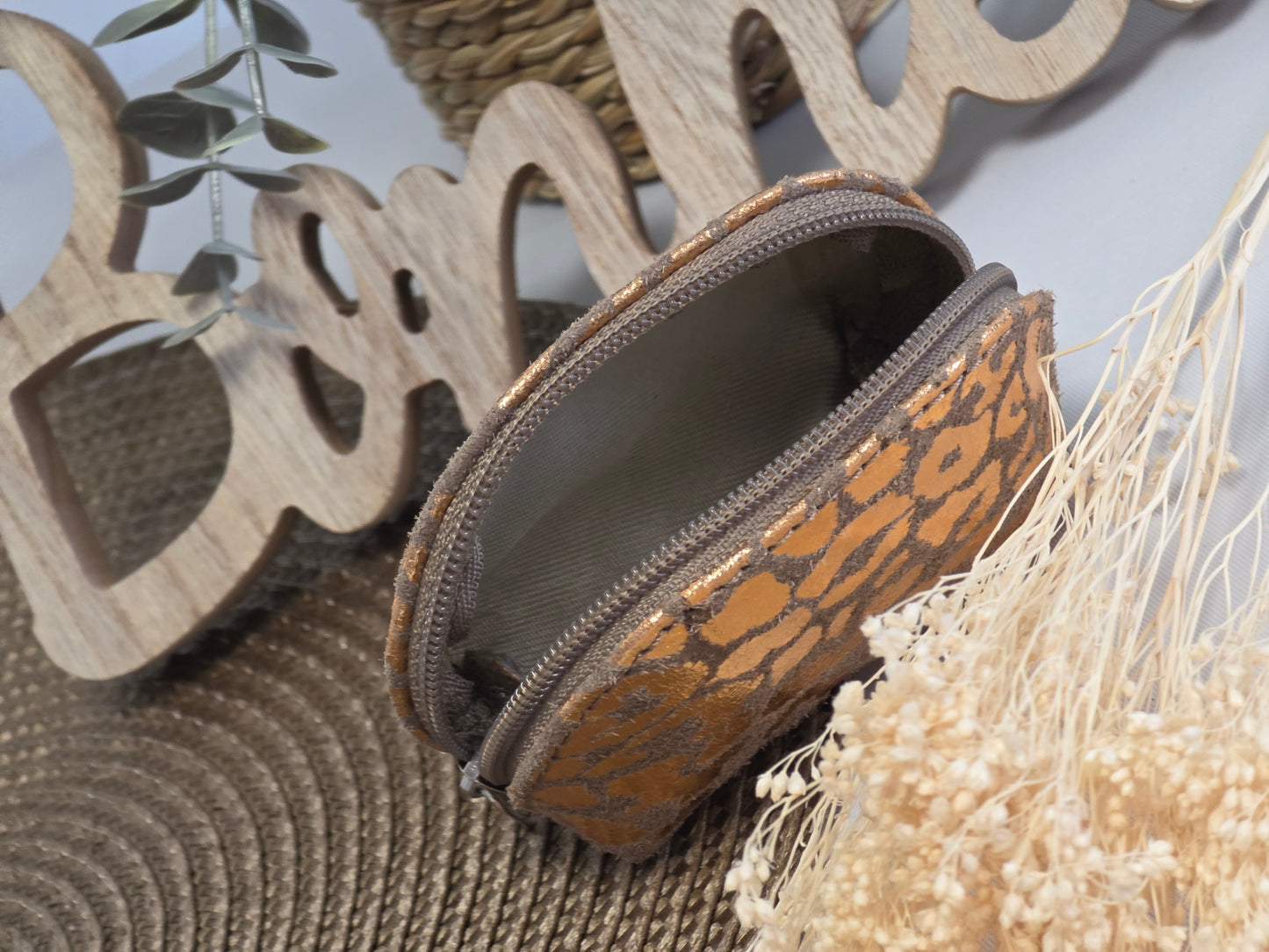 Petit Porte Monnaie Cuir Léopard Taupe