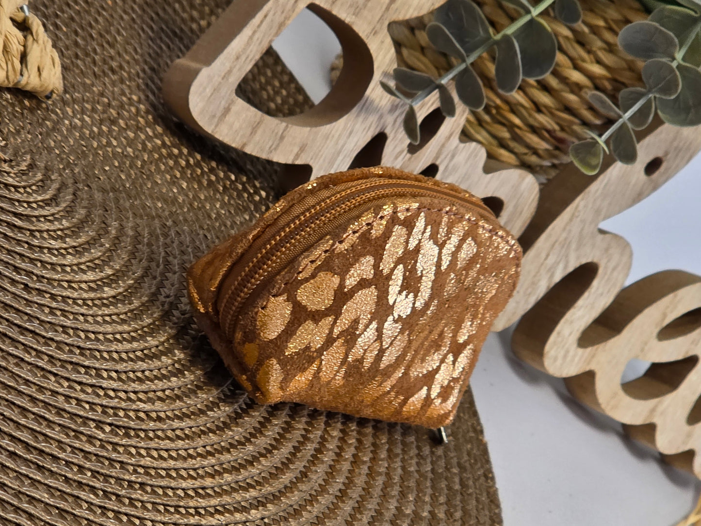 Petit Porte Monnaie Cuir Léopard Camel
