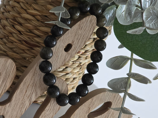 Notre Collection de Bijoux - Bracelet Elasticité Perle Obsidienne Dorée Noir