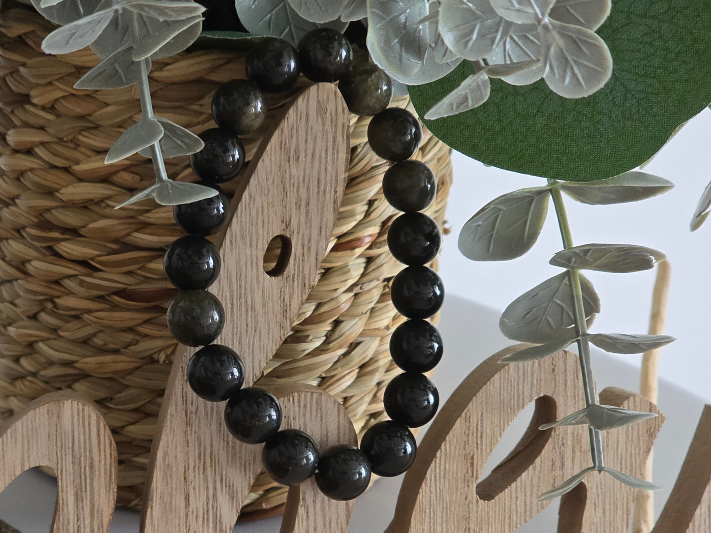 Notre Collection de Bijoux - Bracelet Elasticité Perle Obsidienne Dorée Noir