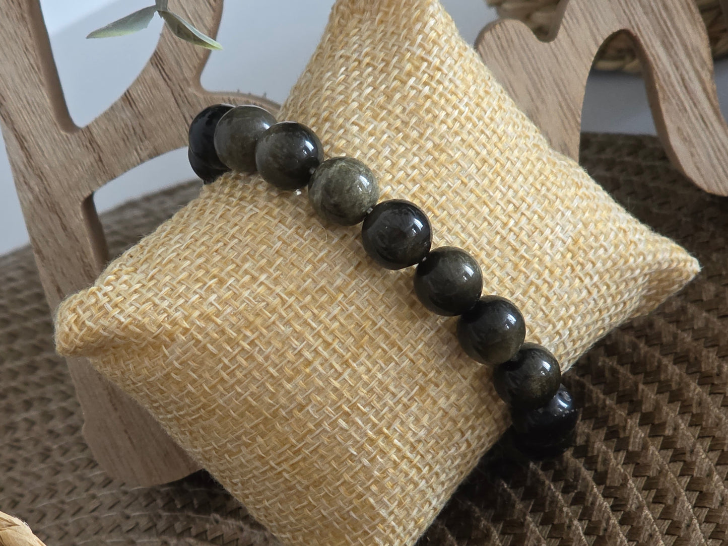 Notre Collection de Bijoux - Bracelet Elasticité Perle Obsidienne Dorée Noir