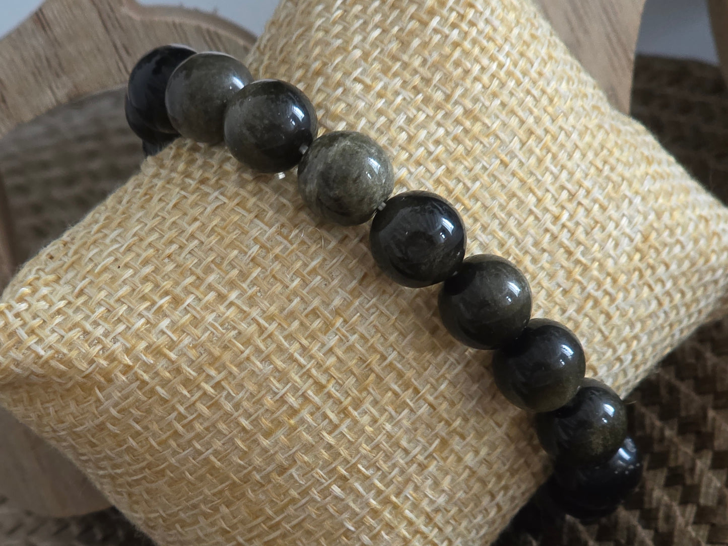 Notre Collection de Bijoux - Bracelet Elasticité Perle Obsidienne Dorée Noir