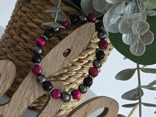 Notre Collection de Bijoux - Bracelet Elasticité Perle Œil de Tigre Noir Rose