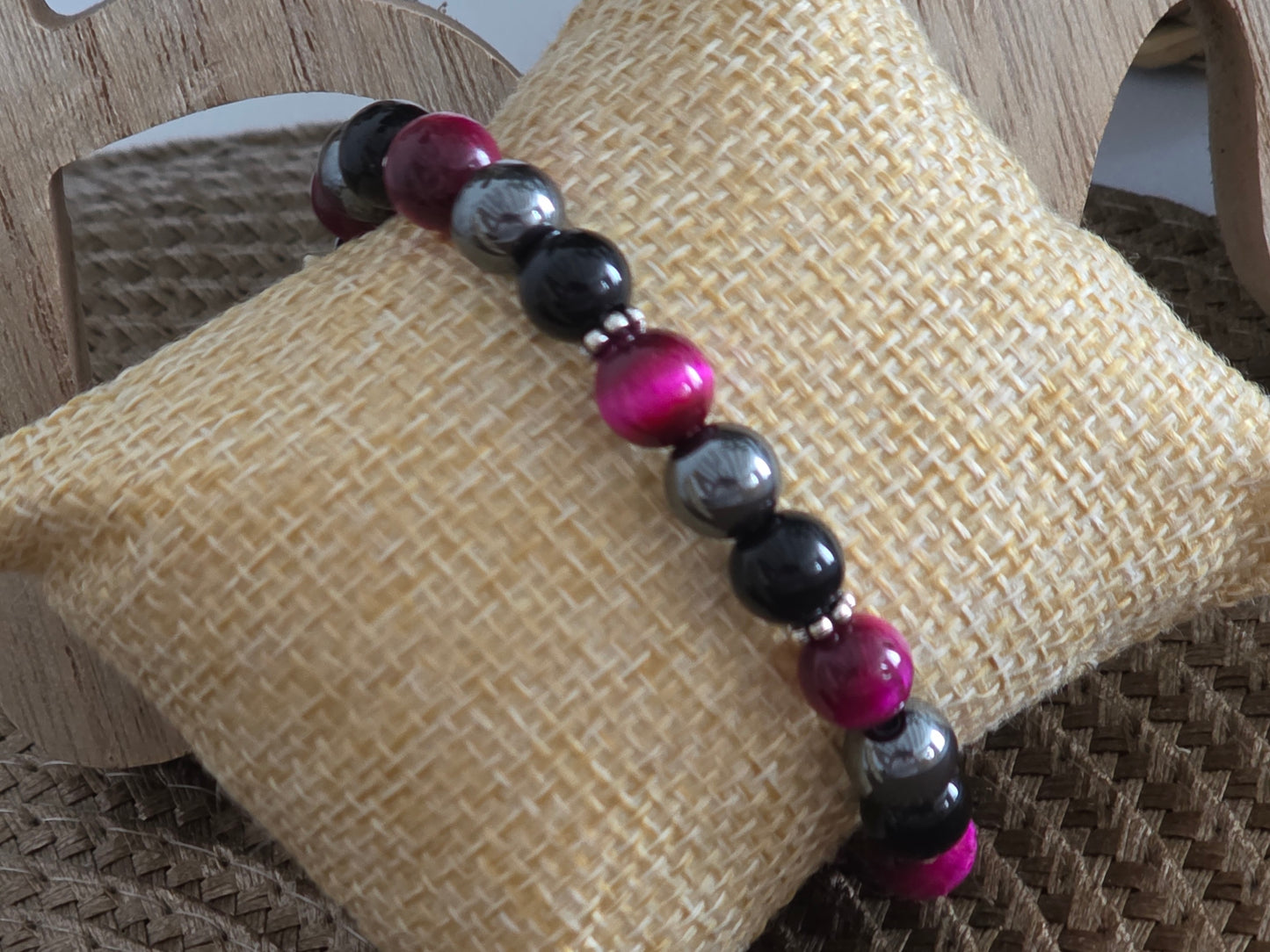 Notre Collection de Bijoux - Bracelet Elasticité Perle Œil de Tigre Noir Rose