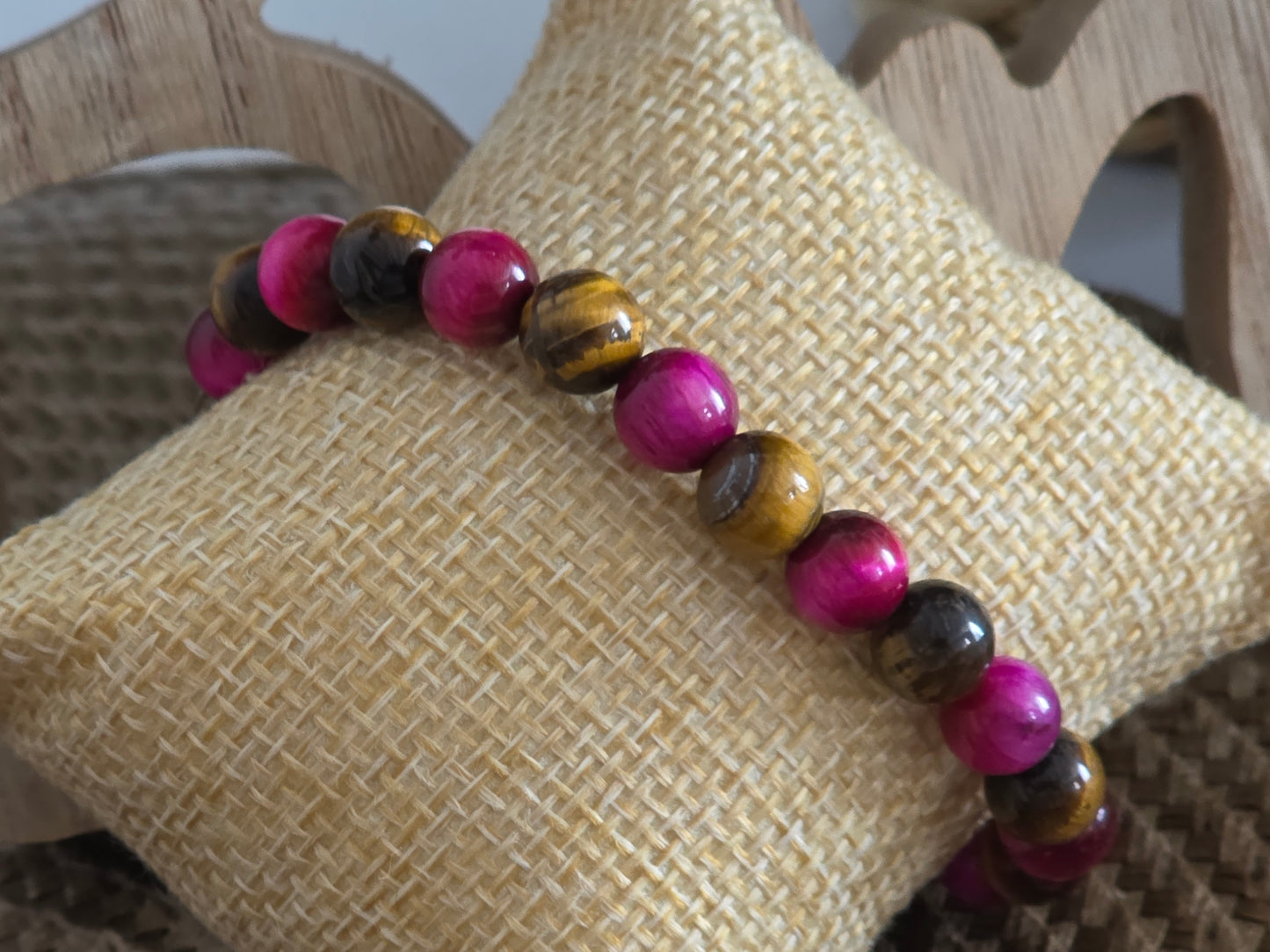 Bracelet Elasticité Perle Œil de Tigre Marron Rose