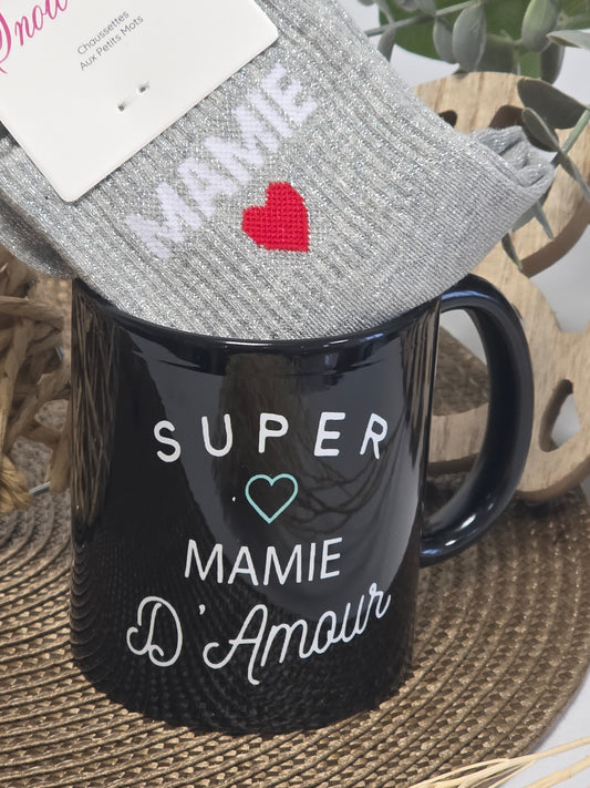 MUG SUPER MAMIE D'AMOUR AVEC SA CHAUSSETTE PAILLETEE