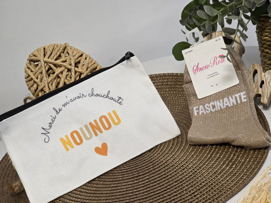 POCHETTE " MERCI NOUNOU" AVEC SA CHAUSSETTE PAILLETEE TAUPE