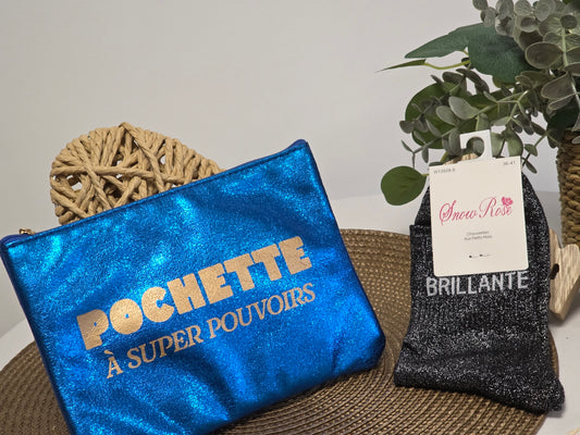 POCHETTE " A SUPER POUVOIRS " AVEC SA CHAUSSETTE PAILLETEE NOIR