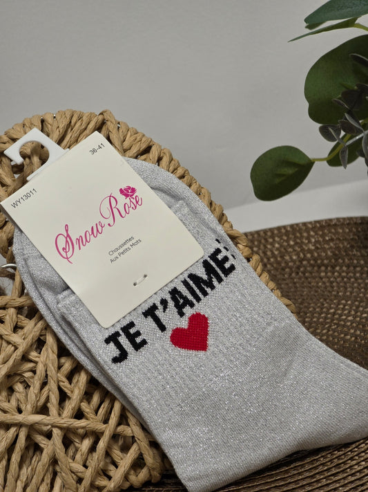 JE T'AIME - Chaussette à Paillette Gris Clair