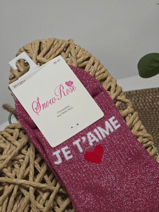 JE T'AIME - Chaussette à Paillette Rose Poudré