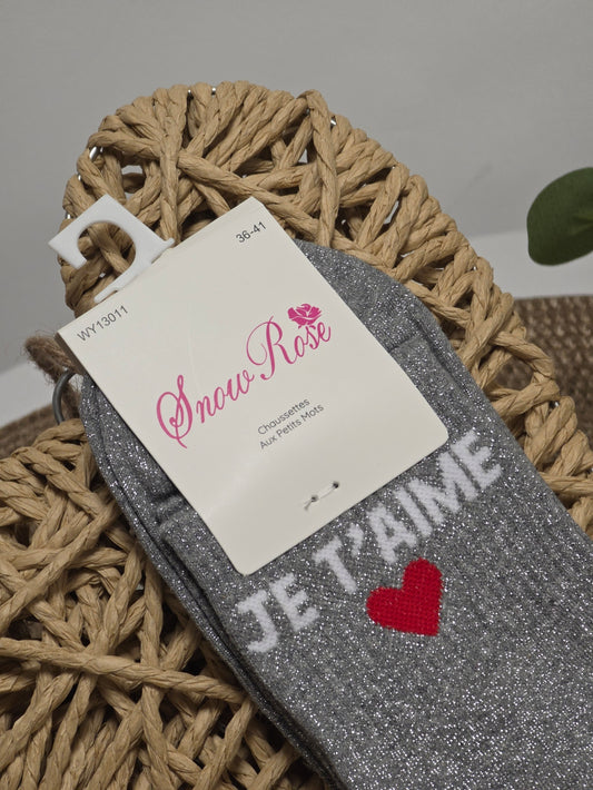 JE T'AIME - Chaussette à Paillette Gris