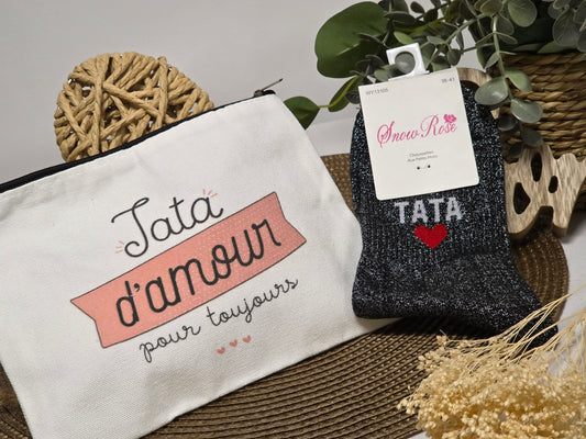 POCHETTE " TATA D'AMOUR POUR TOUJOURS " AVEC SA CHAUSSETTE PAILLETEE NOIR