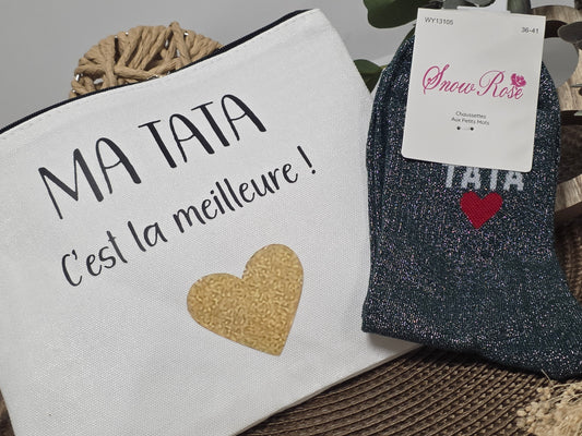 POCHETTE " MA TATA C'EST LA MEILLEURE " AVEC SA CHAUSSETTE PAILLETEE VERT