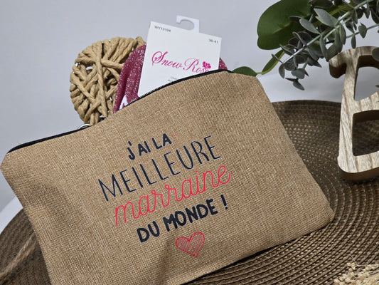 POCHETTE " MEILLEURE MARRAINE DU MONDE " AVEC SA CHAUSSETTE PAILLETEE FUCHSIA