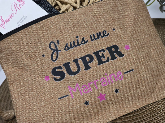 POCHETTE " J'SUIS UNE SUPER MARRAINE" AVEC SA CHAUSSETTE PAILLETEE NOIR