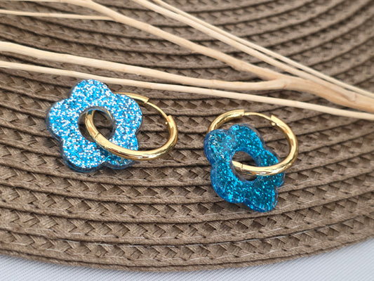 Notre Collection de Bijoux - Boucle d'Oreille Anneau Fleur Bleue