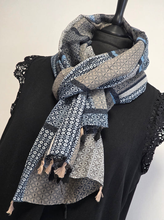🧣Foulard Bohème Femme Automne Hiver Bleu avec Pompons🧣