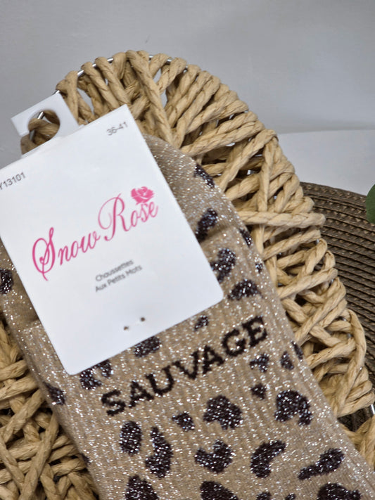 SAUVAGE - Chaussette à Paillette Léopard Beige