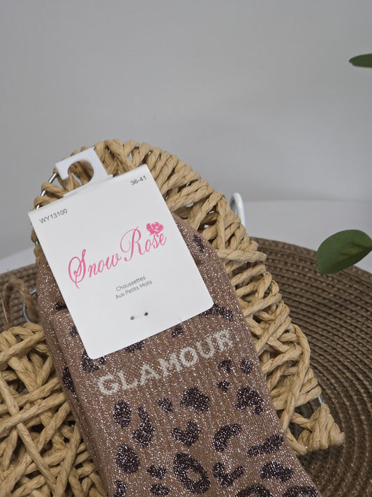 GLAMOUR - Chaussette à Paillette Léopard Marron