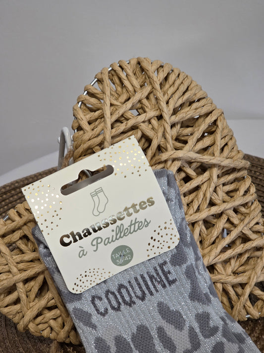COQUINE - Chaussette à Paillette Léopard Gris