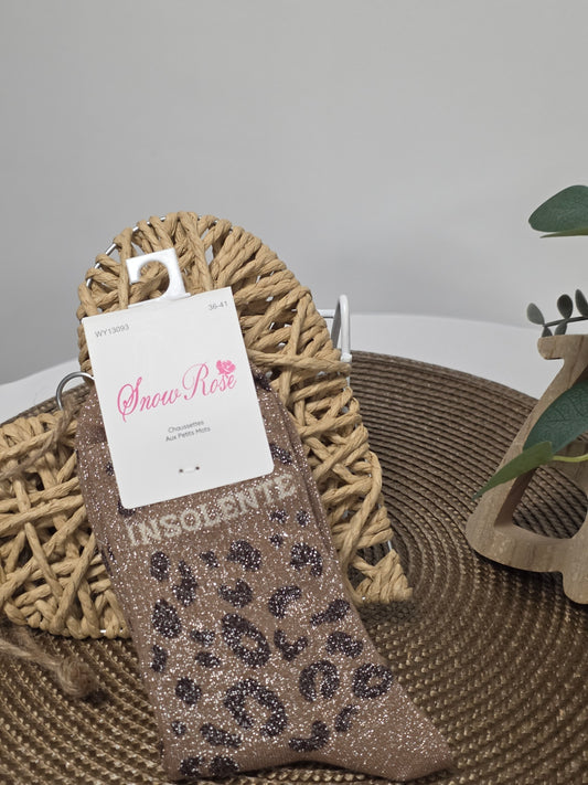 INSOLENTE - Chaussette à Paillette Léopard Marron