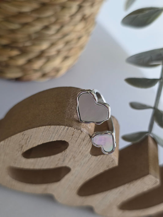 Nos Bagues Double Cœur Argenté Nacré